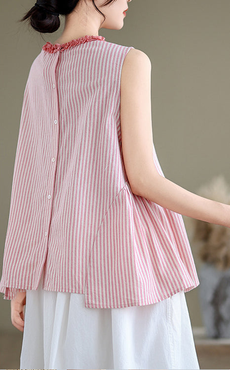 Women Vertical Stripes Ruffles Cotton Peplum Top