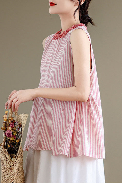 Women Vertical Stripes Ruffles Cotton Peplum Top
