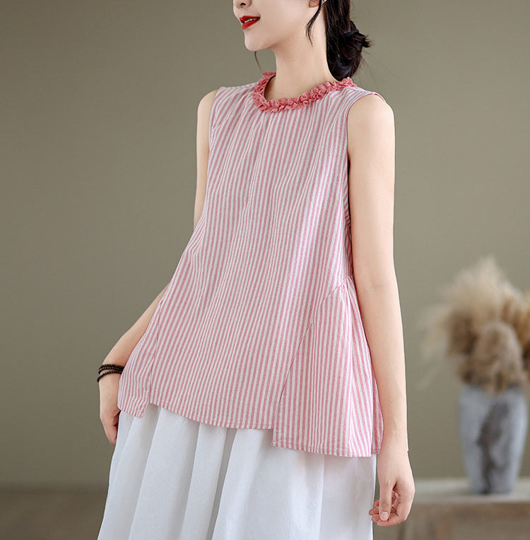 Women Vertical Stripes Ruffles Cotton Peplum Top