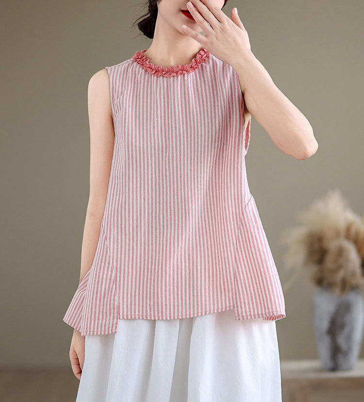 Women Vertical Stripes Ruffles Cotton Peplum Top