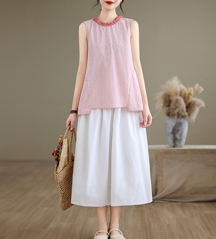 Women Vertical Stripes Ruffles Cotton Peplum Top