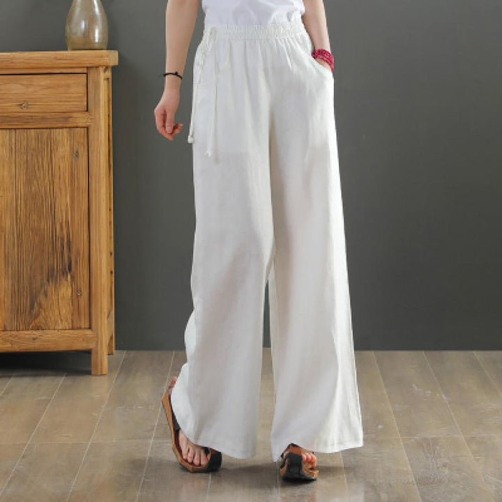 Women Linen Loose Fit Easy Wash Pleated  Wide Leg Trousers