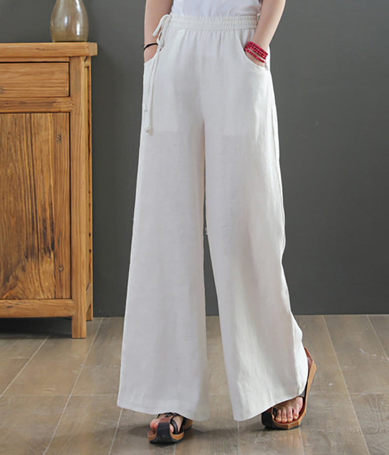 Women Linen Loose Fit Easy Wash Pleated  Wide Leg Trousers