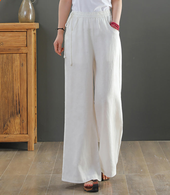 Women Linen Loose Fit Easy Wash Pleated  Wide Leg Trousers