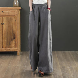 Women Linen Loose Fit Easy Wash Pleated Wide Leg Trousers