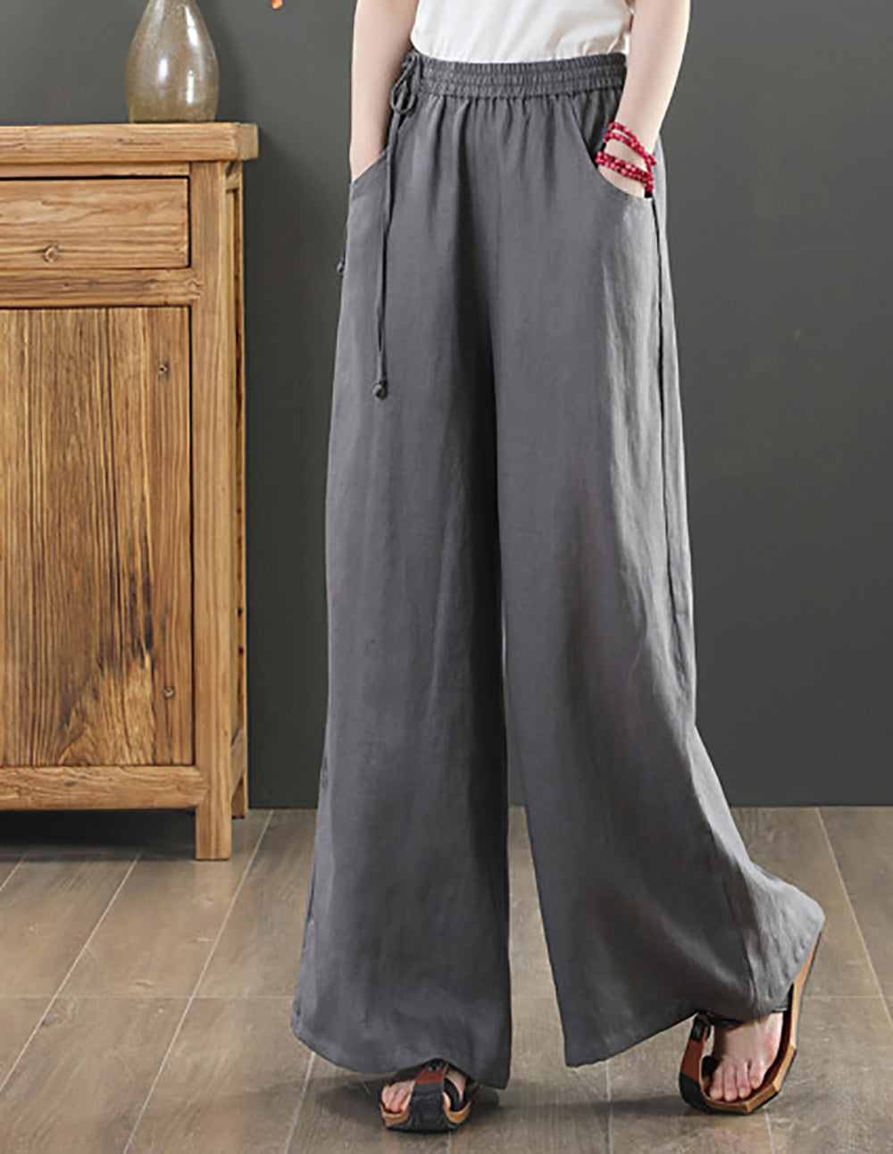 Women Linen Loose Fit Easy Wash Pleated Wide Leg Trousers