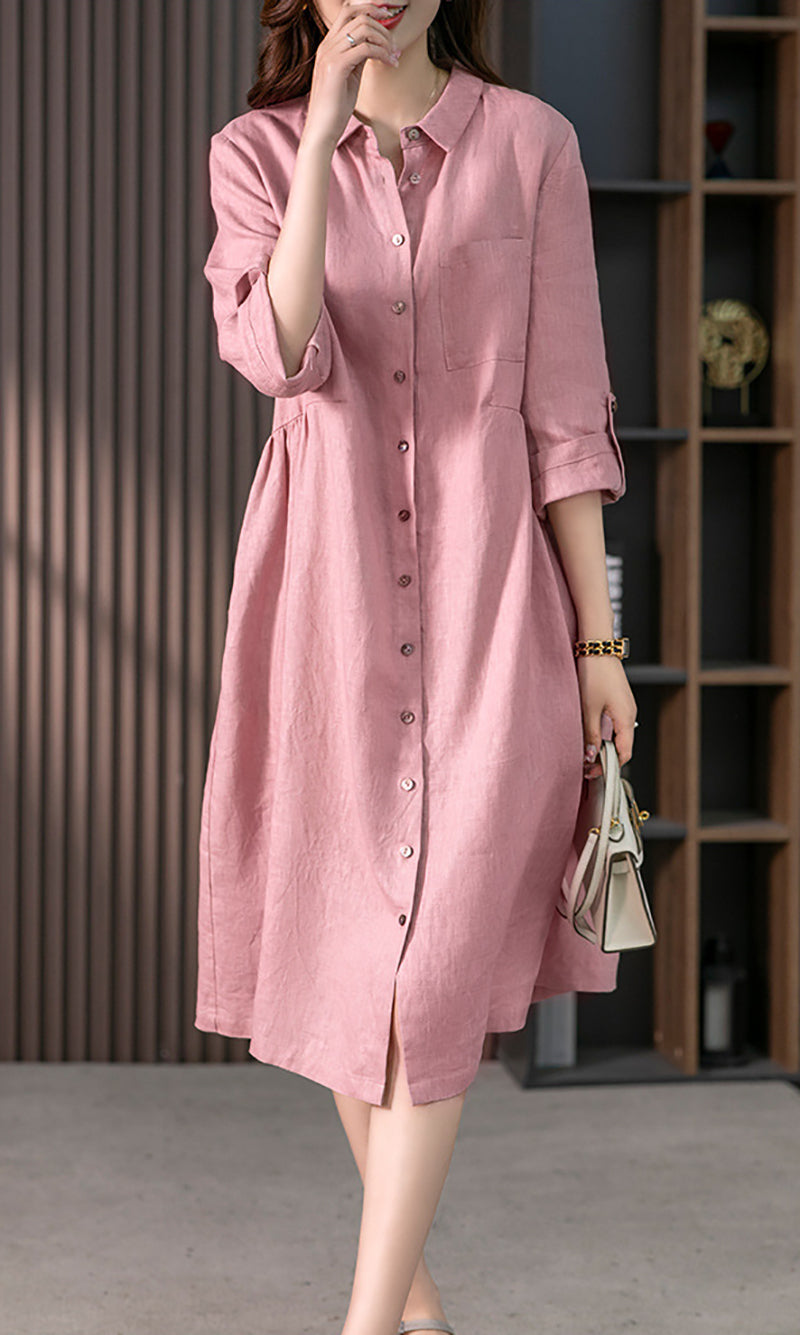 Roll-Up Sleeves Shirt Midi Dress