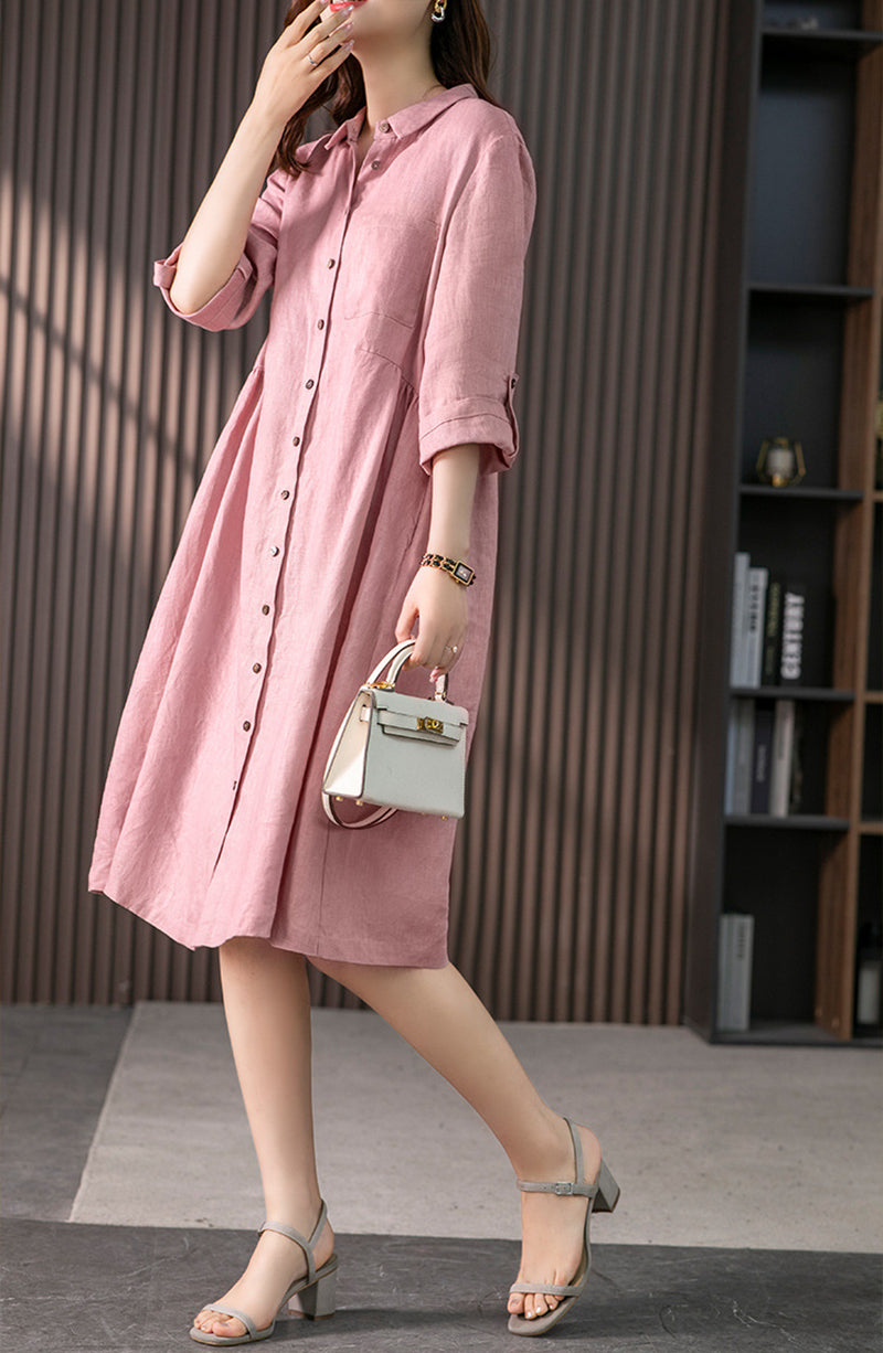 Roll-Up Sleeves Shirt Midi Dress
