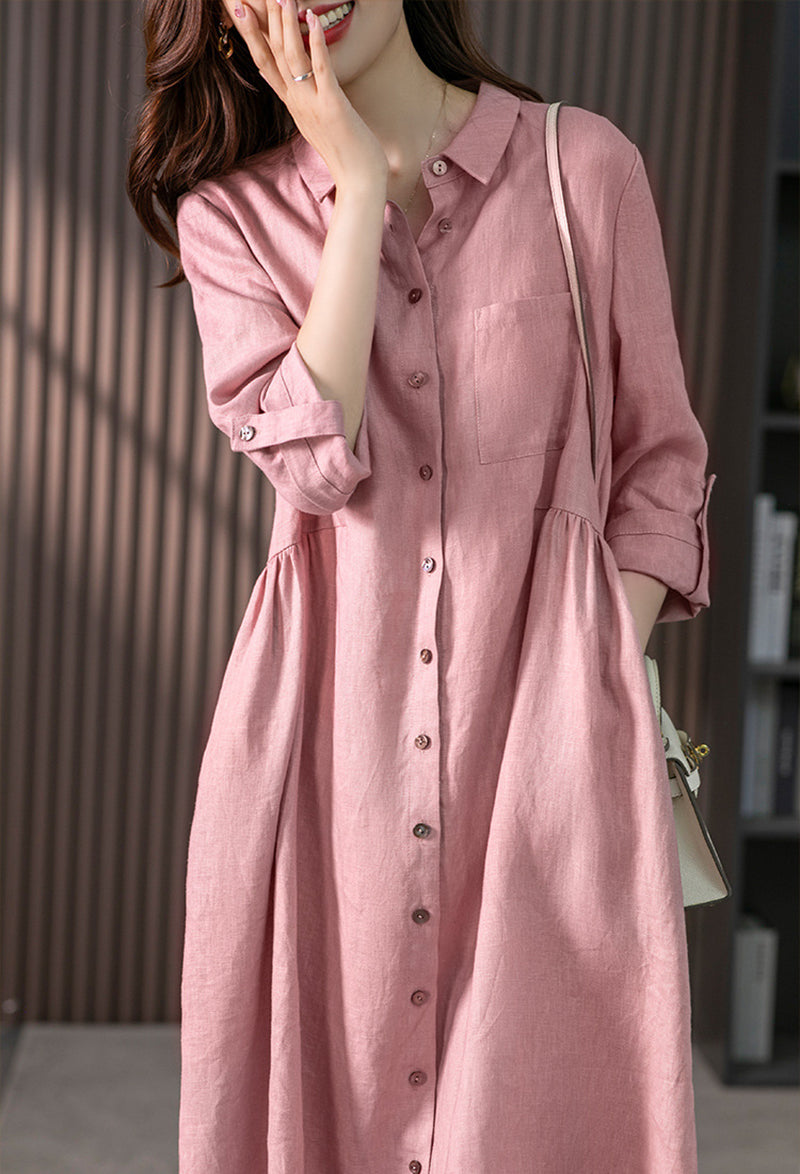 Roll-Up Sleeves Shirt Midi Dress