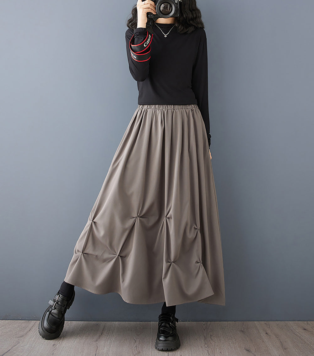 Women Pleated Flared Maxi Skirt