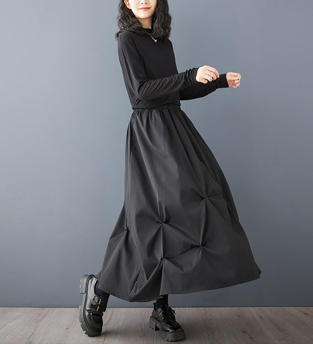 Women Pleated Flared Maxi Skirt