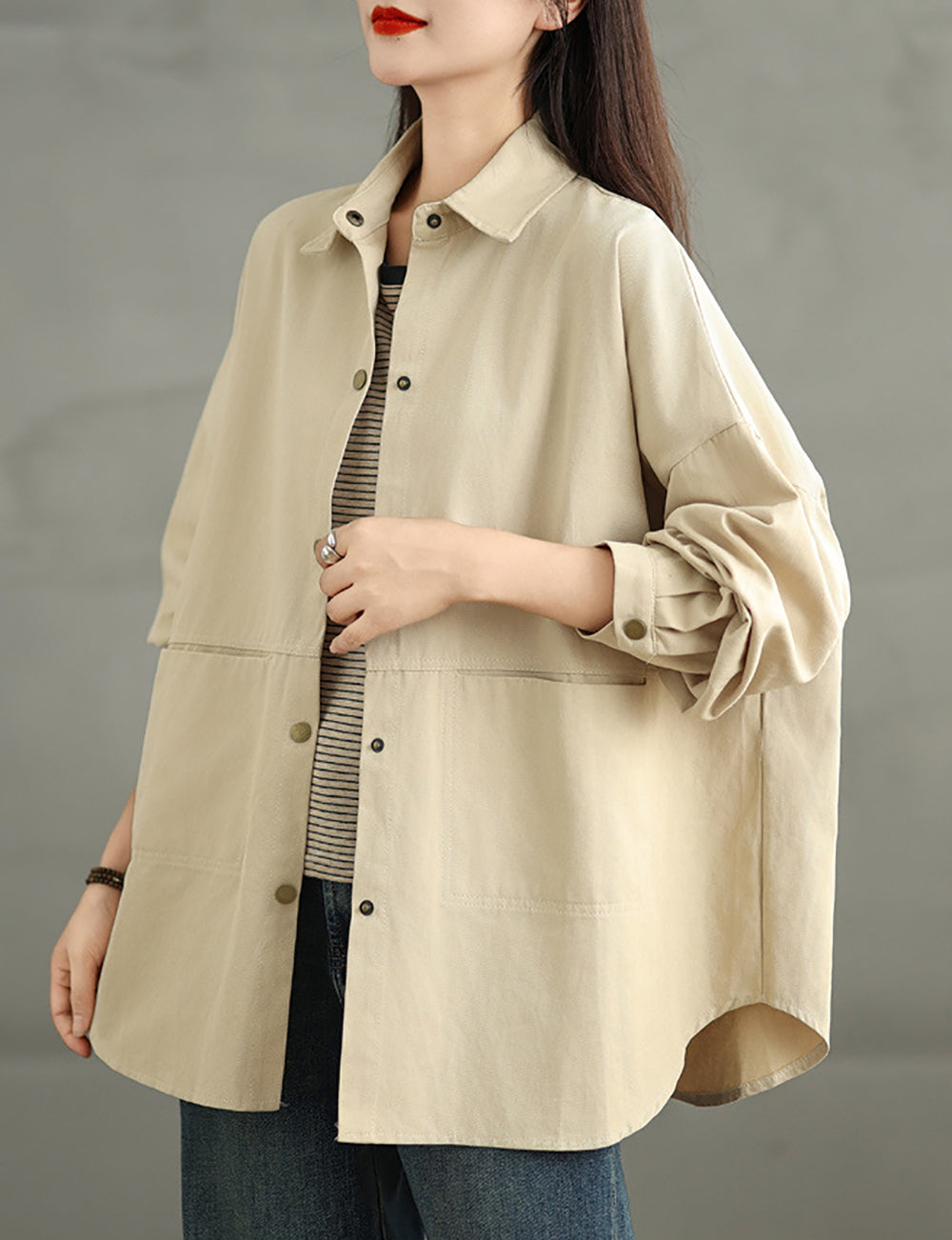Women Spread Collar Oversized Shacket Casual Shirt