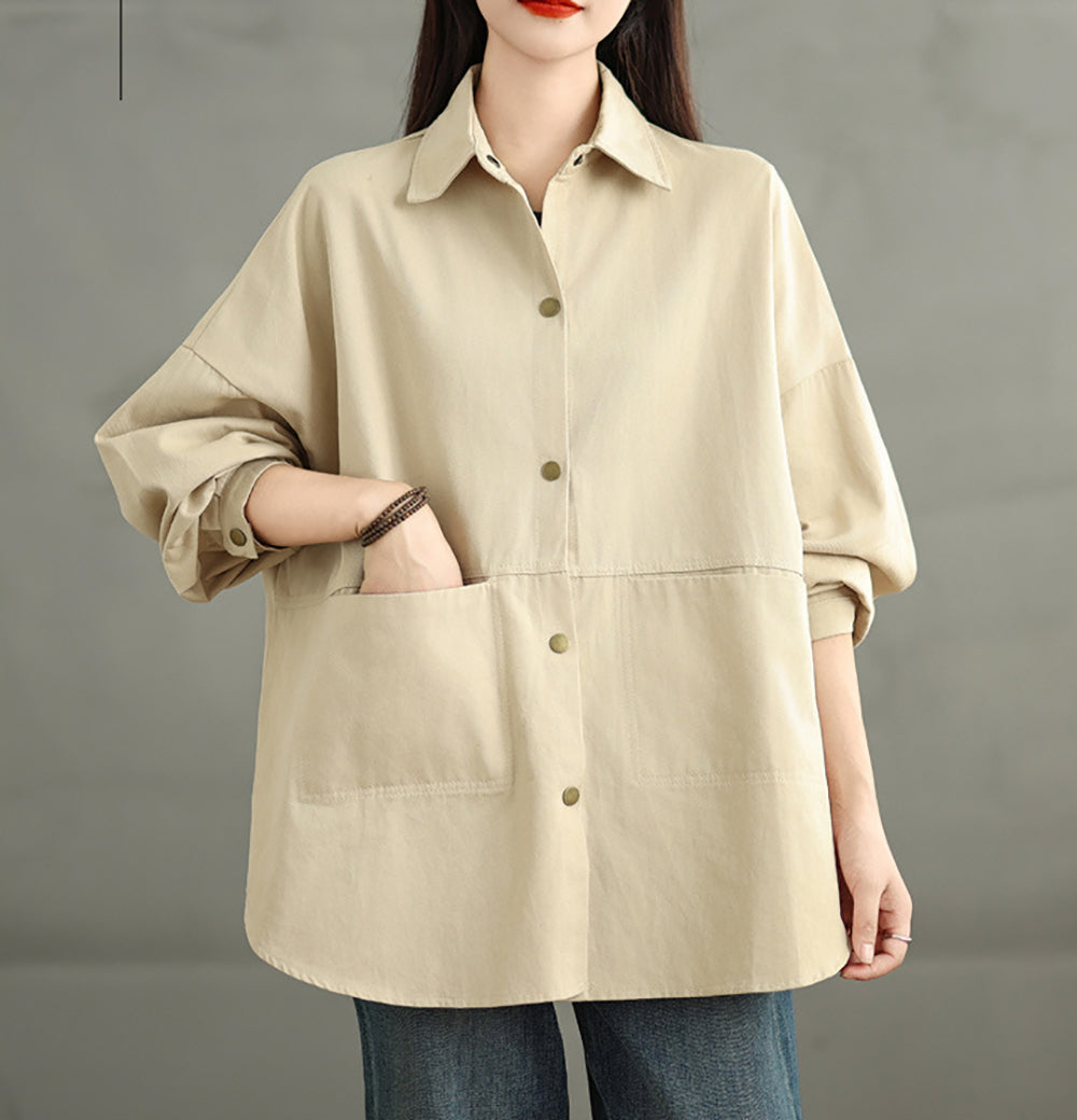 Women Spread Collar Oversized Shacket Casual Shirt