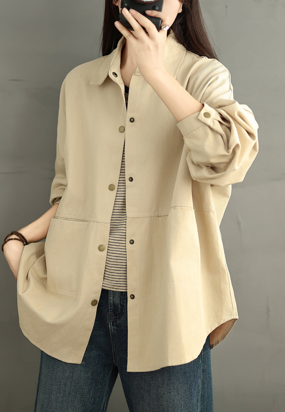 Women Spread Collar Oversized Shacket Casual Shirt