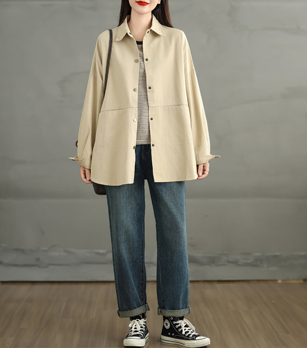 Women Spread Collar Oversized Shacket Casual Shirt