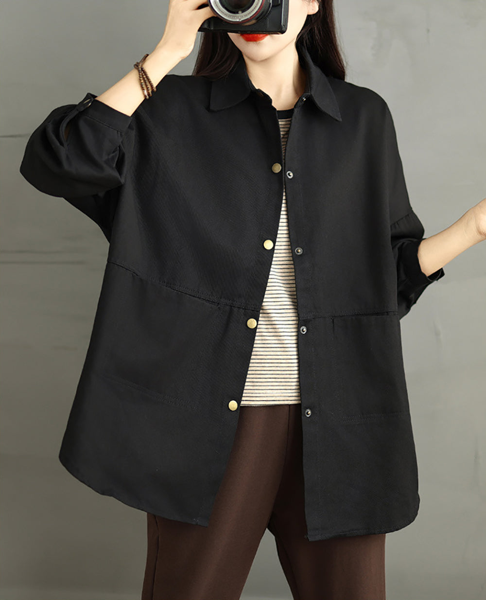 Women Spread Collar Oversized Shacket Casual Shirt
