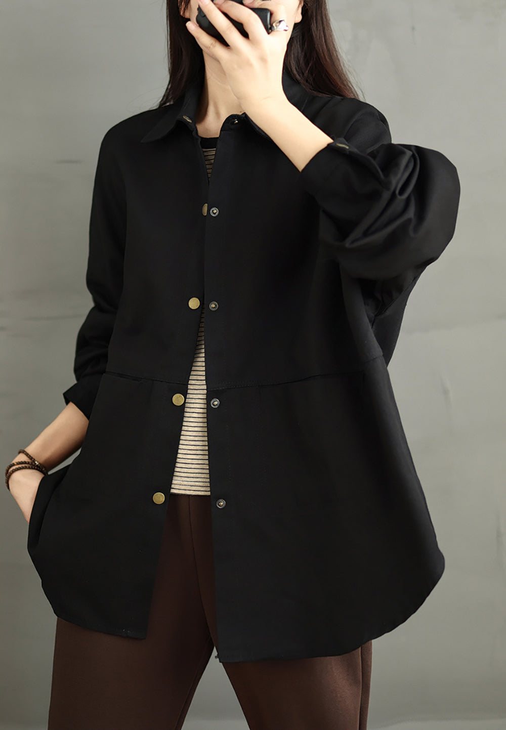 Women Spread Collar Oversized Shacket Casual Shirt