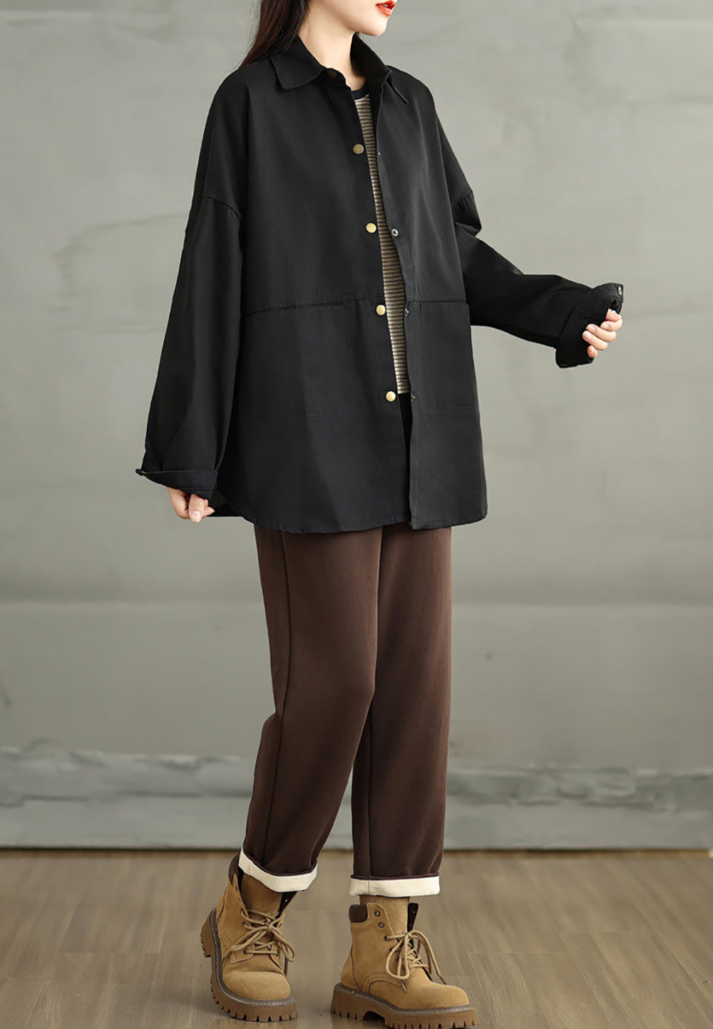 Women Spread Collar Oversized Shacket Casual Shirt