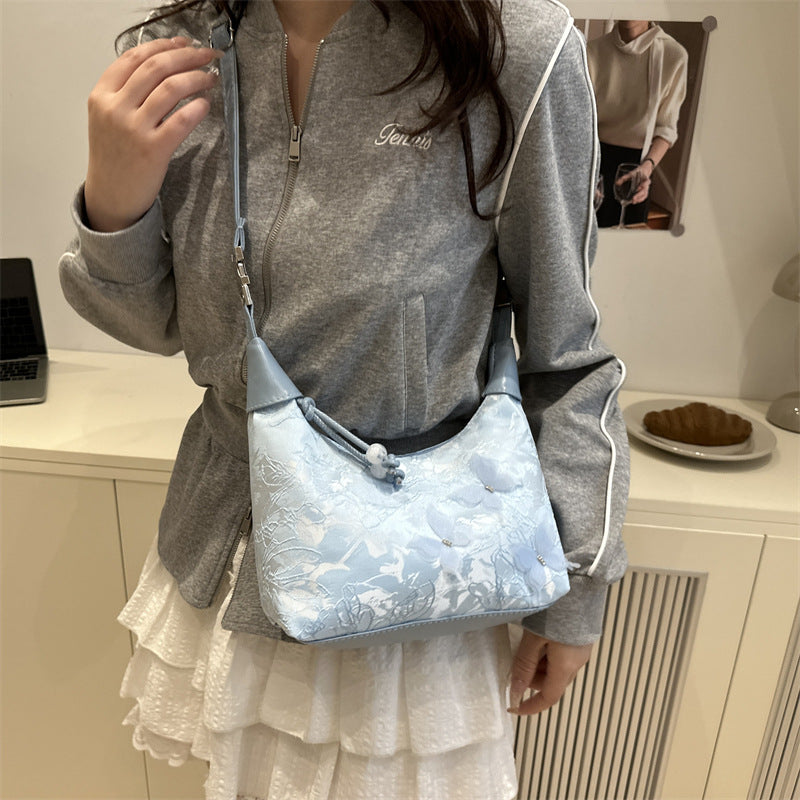 Floral Textured PU Half Moon Shoulder Bag
