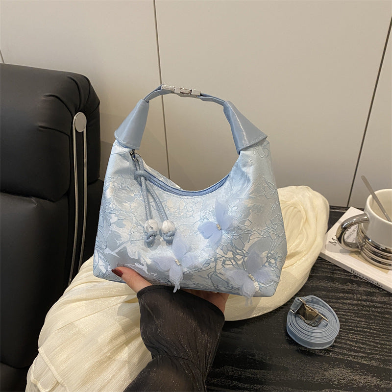 Floral Textured PU Half Moon Shoulder Bag