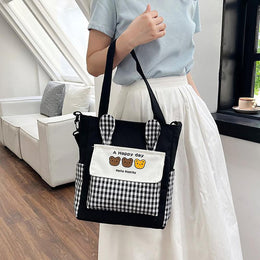 Checked Shopper Handheld Bag with Applique