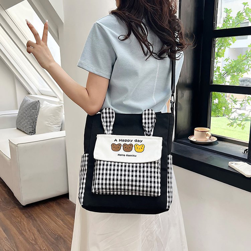 Checked Shopper Handheld Bag with Applique