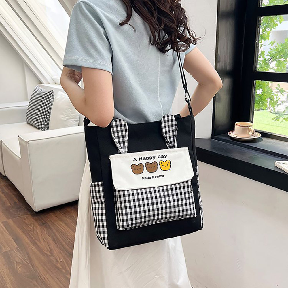 Checked Shopper Handheld Bag with Applique