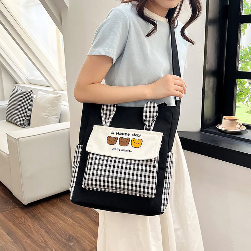 Checked Shopper Handheld Bag with Applique