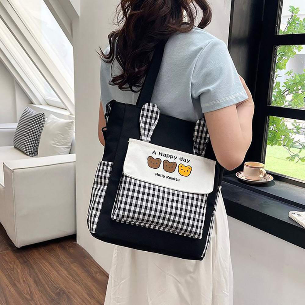 Checked Shopper Handheld Bag with Applique