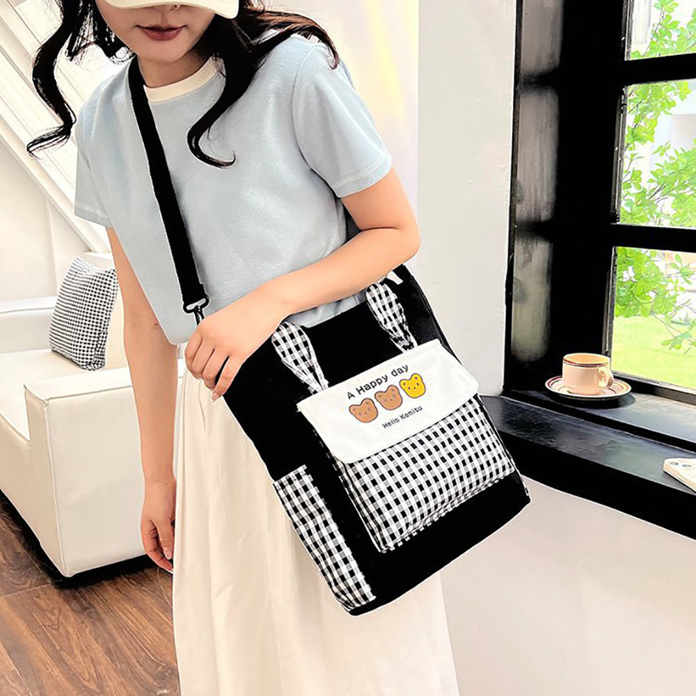 Checked Shopper Handheld Bag with Applique