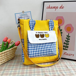 Checked Shopper Handheld Bag with Applique