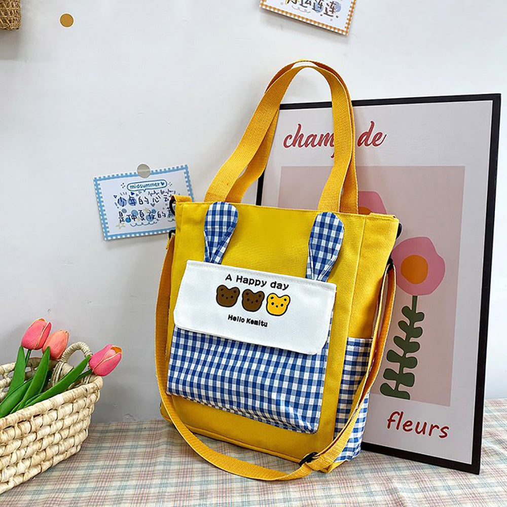 Checked Shopper Handheld Bag with Applique