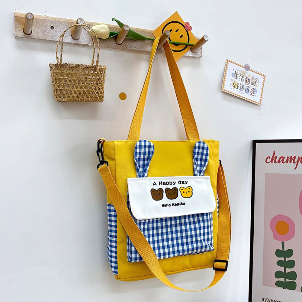 Checked Shopper Handheld Bag with Applique