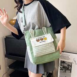 Checked Shopper Handheld Bag with Applique