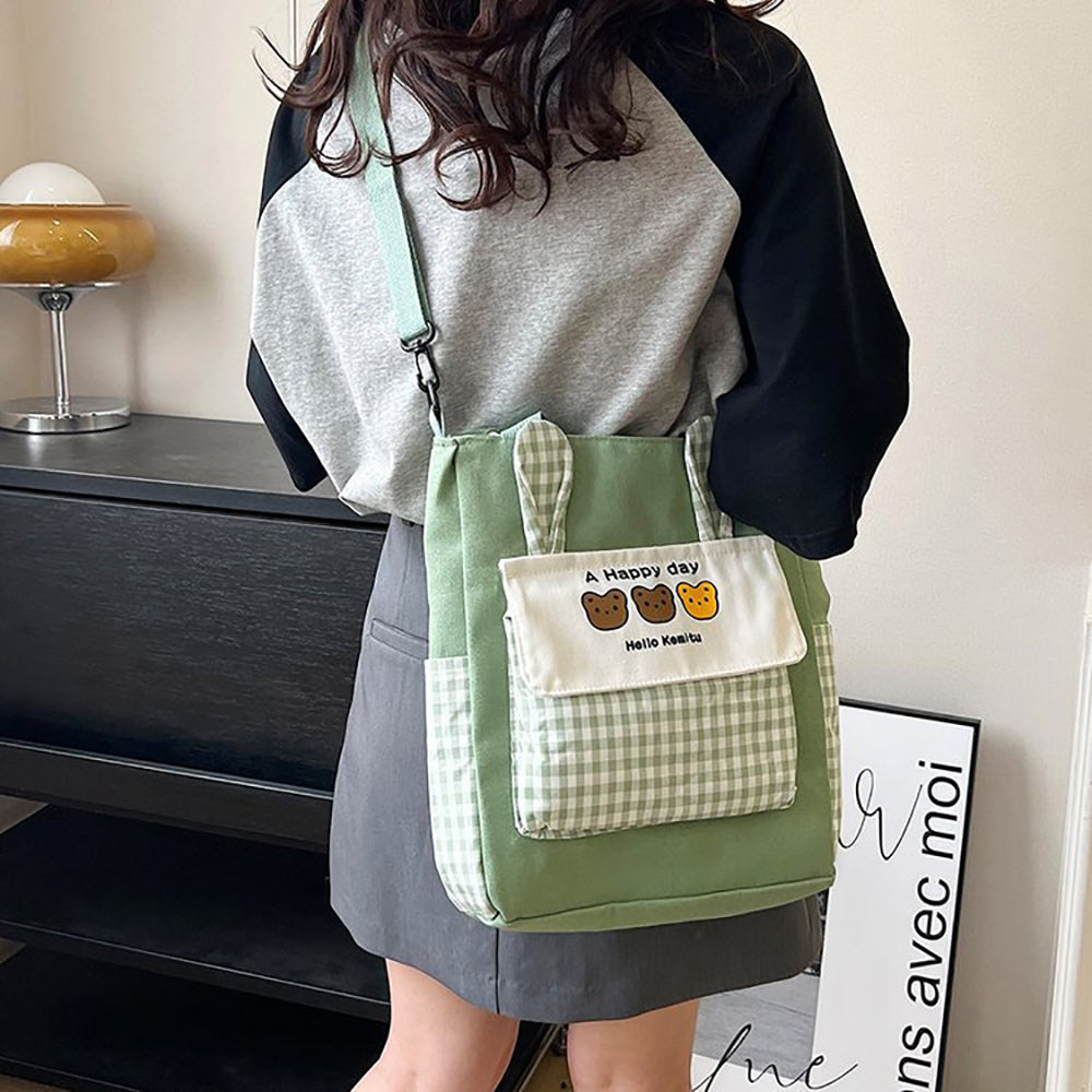 Checked Shopper Handheld Bag with Applique