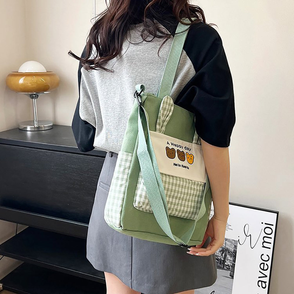 Checked Shopper Handheld Bag with Applique