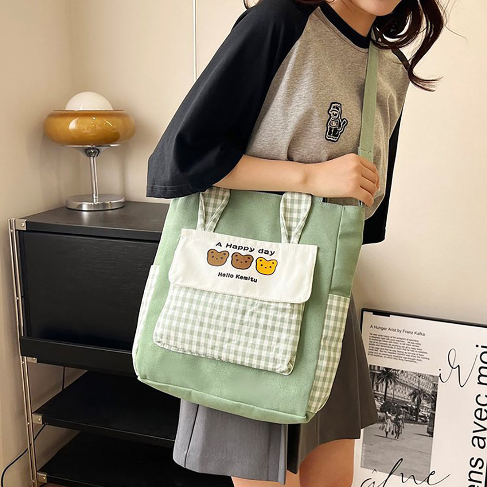 Checked Shopper Handheld Bag with Applique
