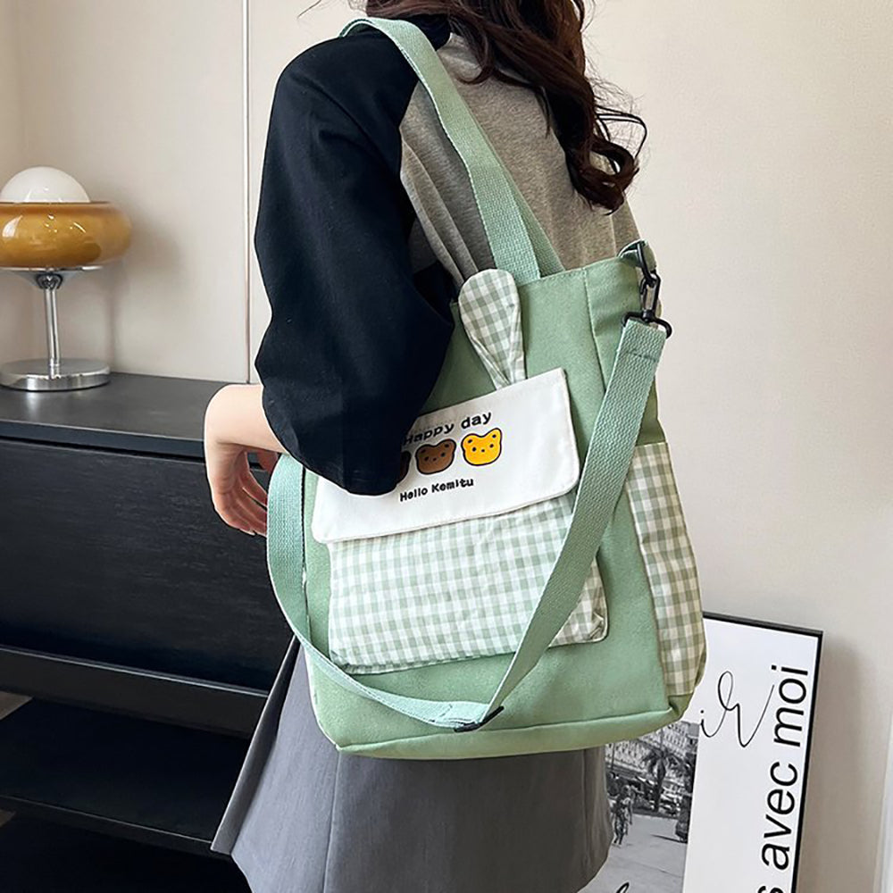Checked Shopper Handheld Bag with Applique