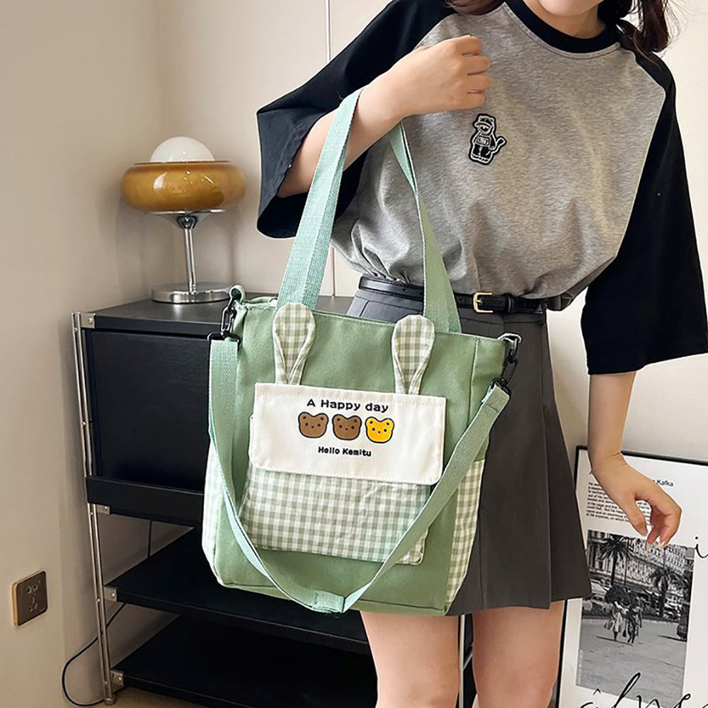 Checked Shopper Handheld Bag with Applique