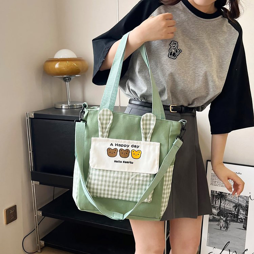Checked Shopper Handheld Bag with Applique