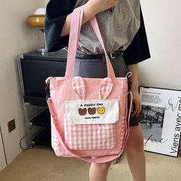 Checked Shopper Handheld Bag with Applique