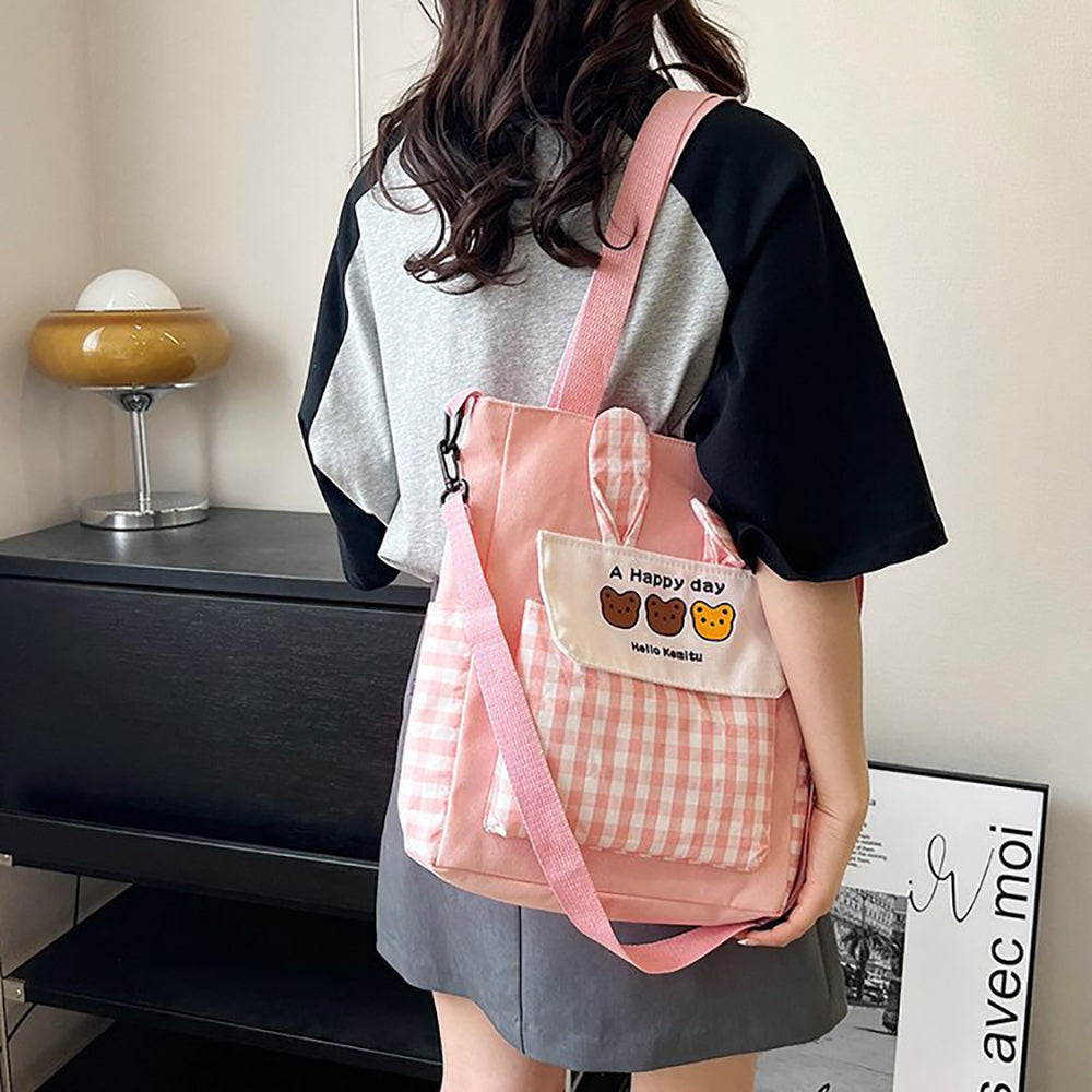 Checked Shopper Handheld Bag with Applique