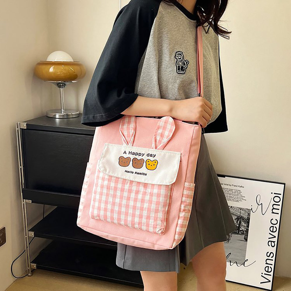 Checked Shopper Handheld Bag with Applique