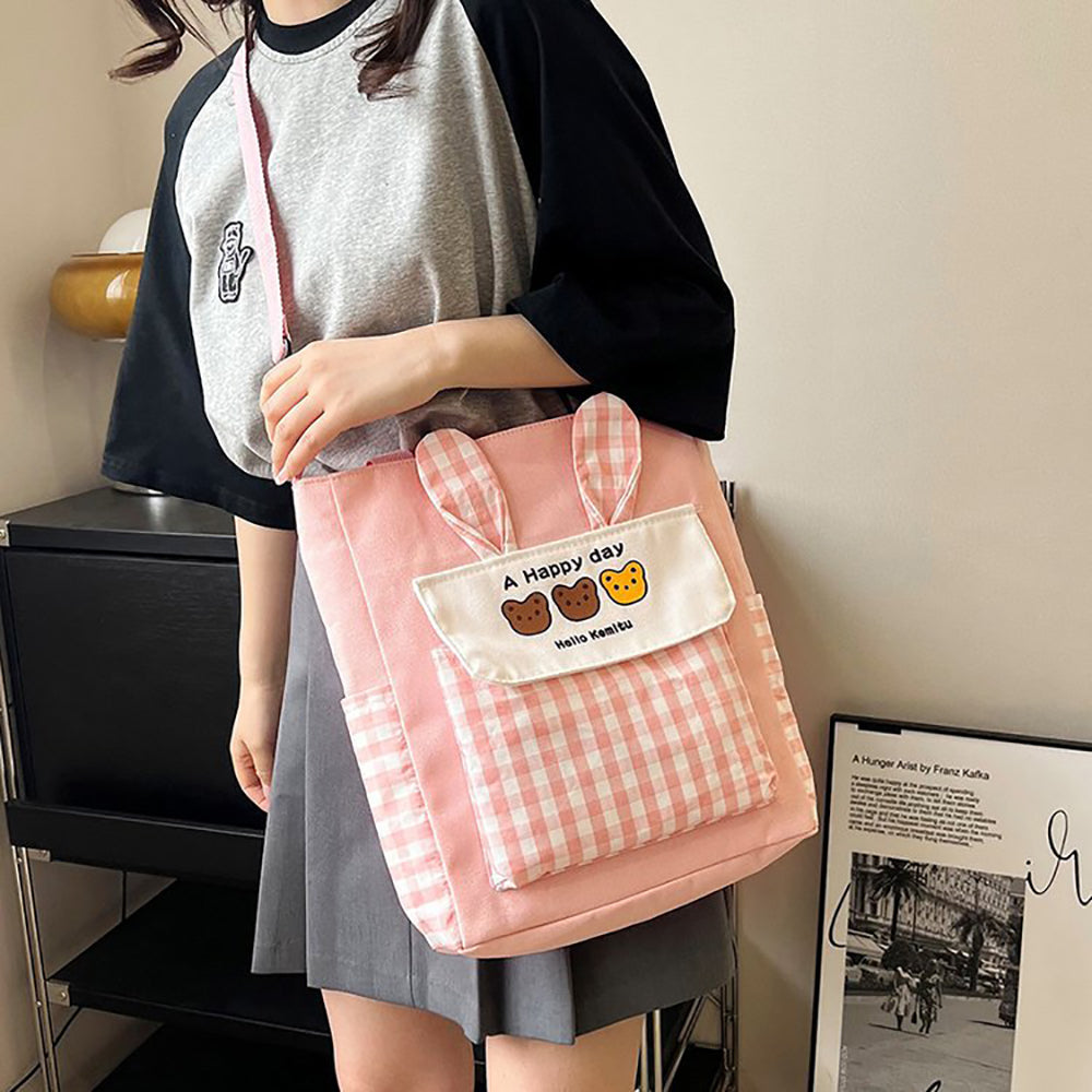 Checked Shopper Handheld Bag with Applique