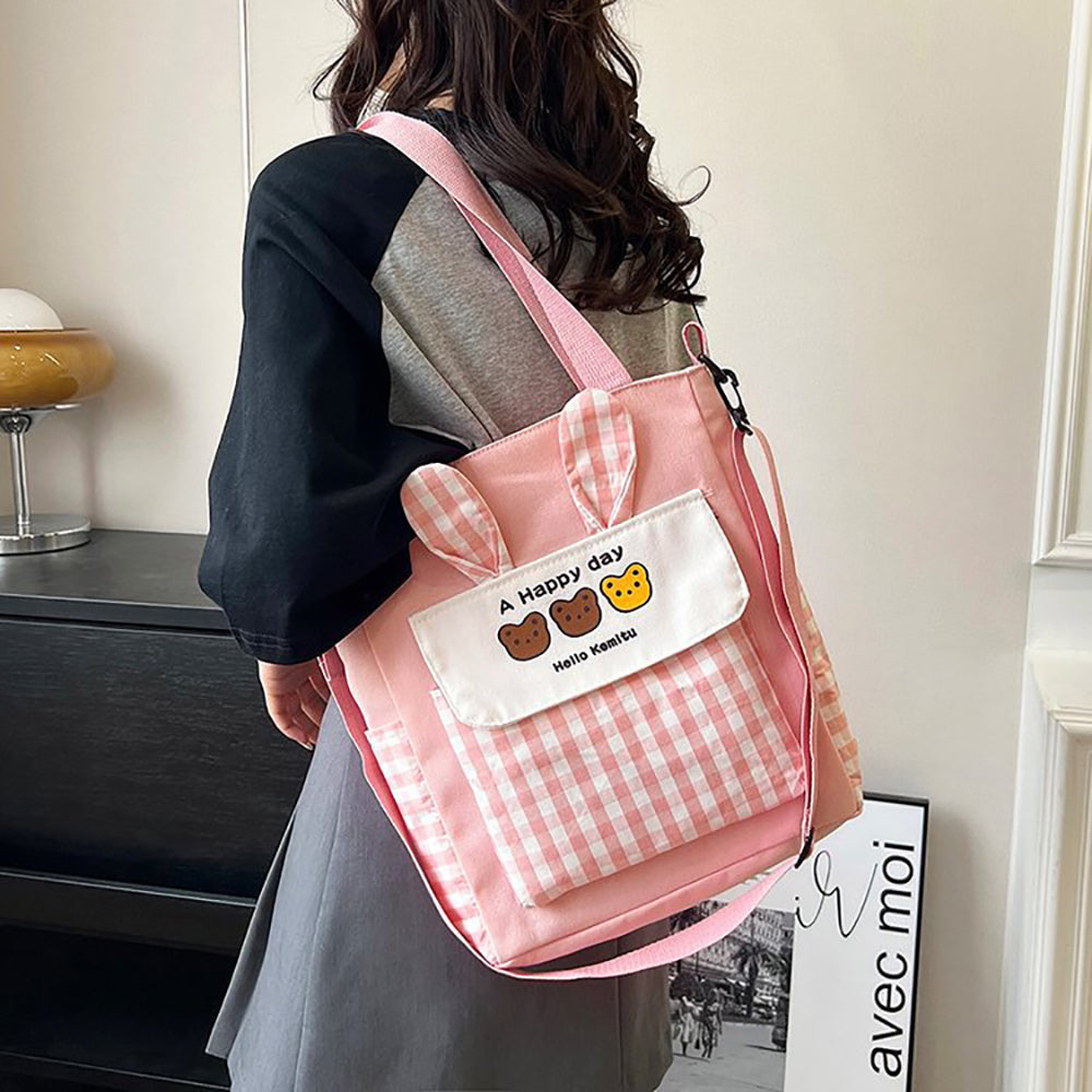 Checked Shopper Handheld Bag with Applique