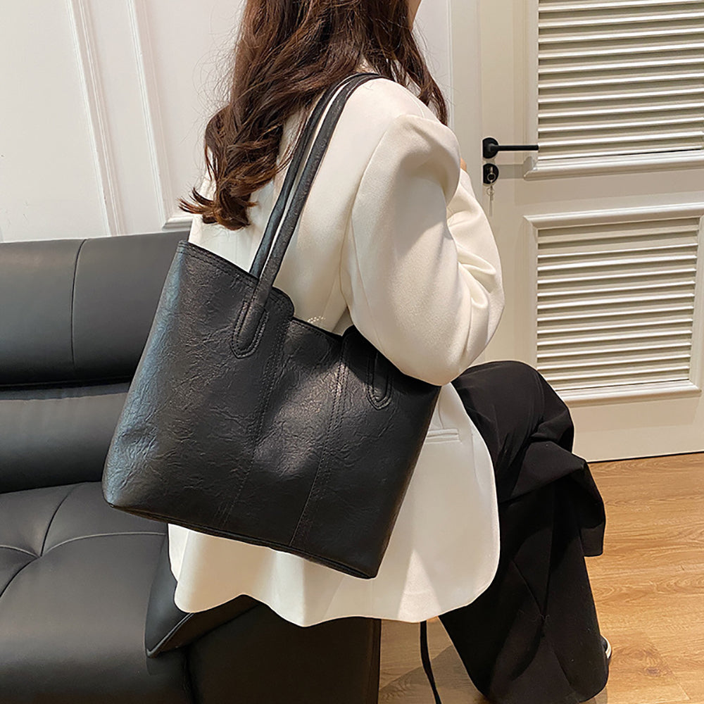 Black Solid Two Handles Shoulder Bag