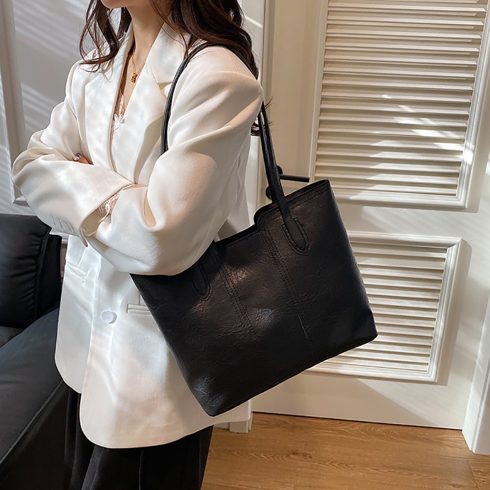 Black Solid Two Handles Shoulder Bag
