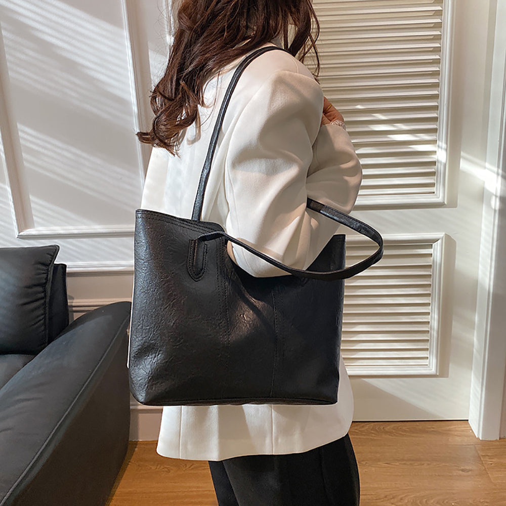 Black Solid Two Handles Shoulder Bag
