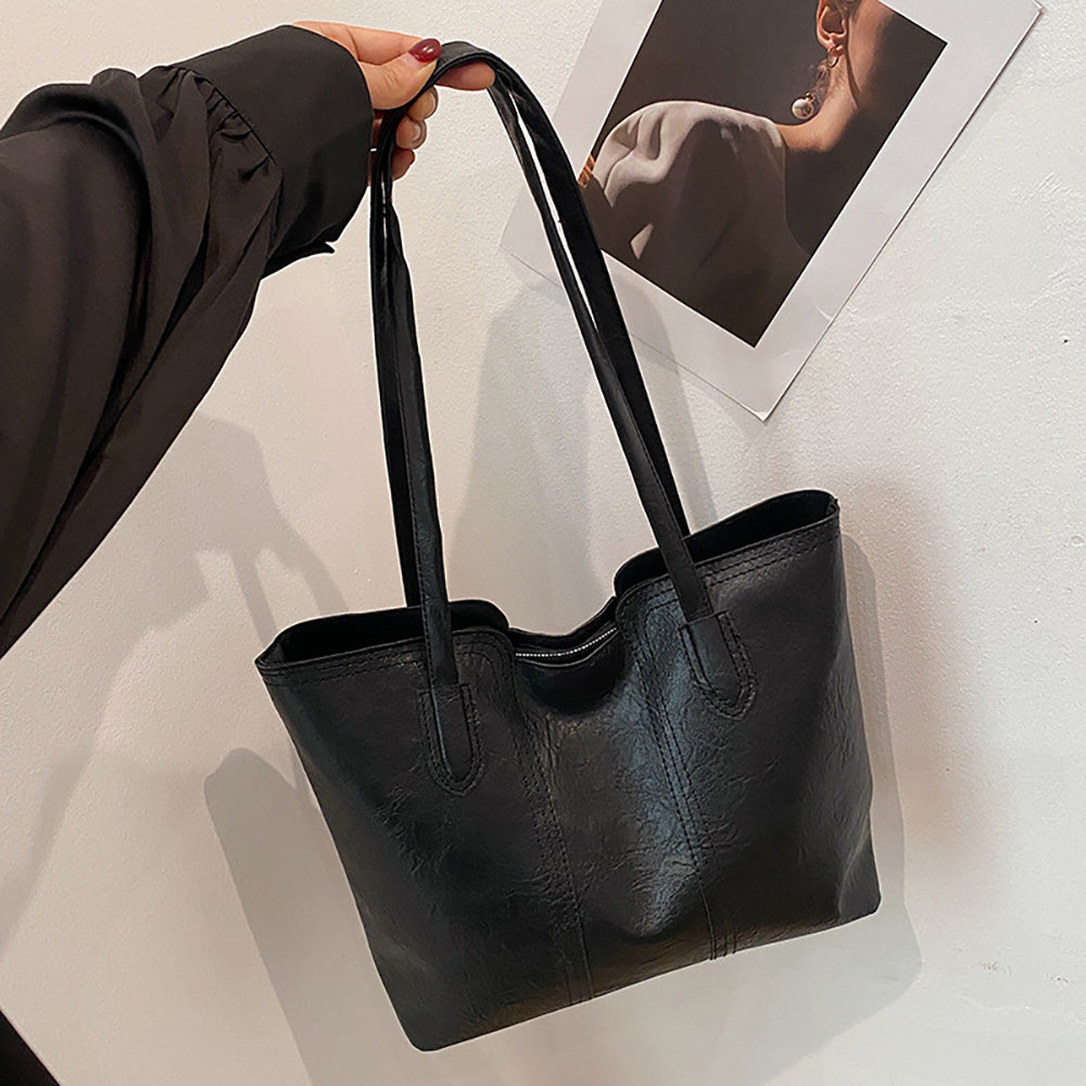 Black Solid Two Handles Shoulder Bag