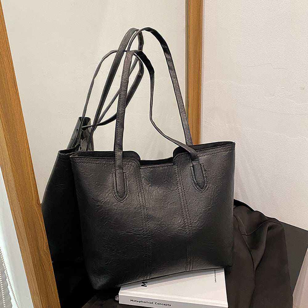 Black Solid Two Handles Shoulder Bag